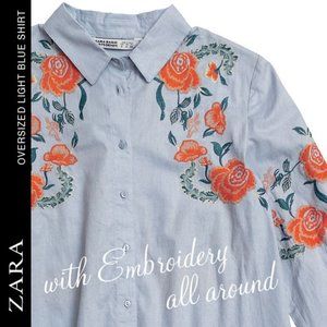 Zara Oversized Light Blue Shirt With Embroidery Size S